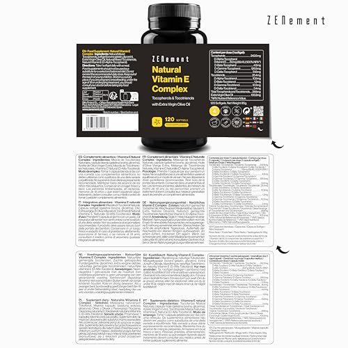 Natural Vitamin E Complex – Tocopherole und Tocotrienole – Starkes Antioxidans, Schützt die Zellen vor Oxidativem Stress – mit Nativem Olivenöl Extra aus Spanien – 120 Kapseln – Zenement