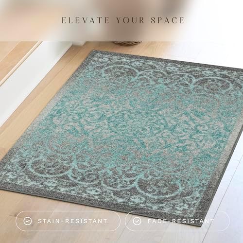 Maples Rugs Pelham Transitional Area Rugs - Made in USA - Washable, Non Slip, Indoor Carpet for Entryway, Foyer, Kitchen, and Bathroom, 2'6 x 3'10, Blue/Grey