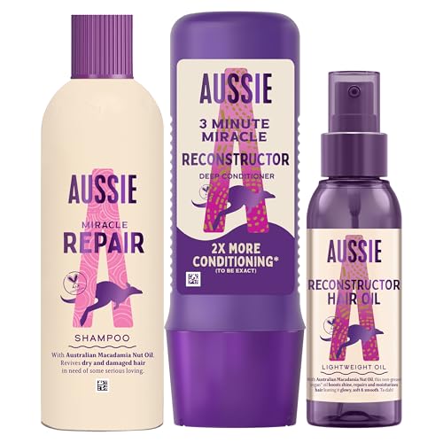 Aussie, Repair, Champú 300ml, Acondicionador 3 Minute Miracle 250ml, Aceite Reconstructor 100ml, Brillo, Hidratante, CrueltyFree, Sin Grasa