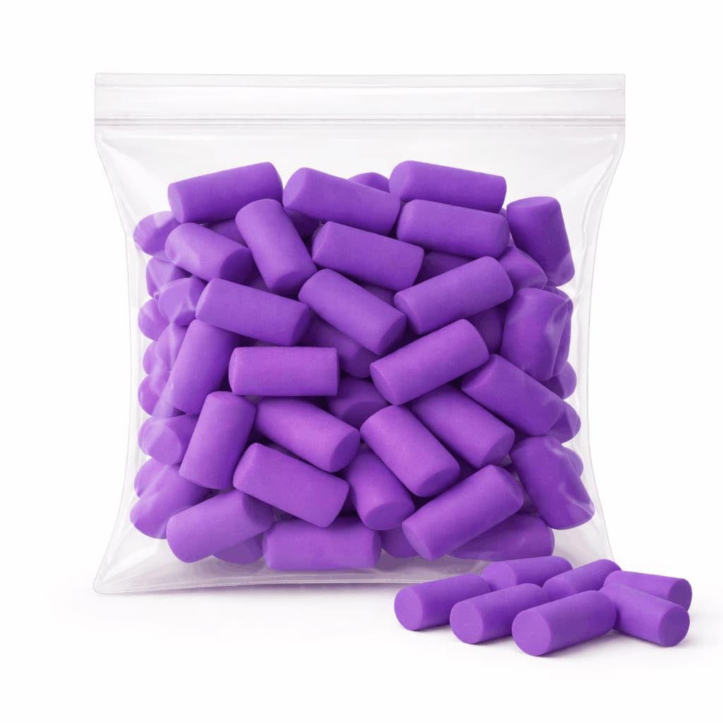 38dB Foam Ear Plugs – Purple – 100 Pack – Soft Noise Cancelling Earplugs for Sleep, Study, Travel & Work