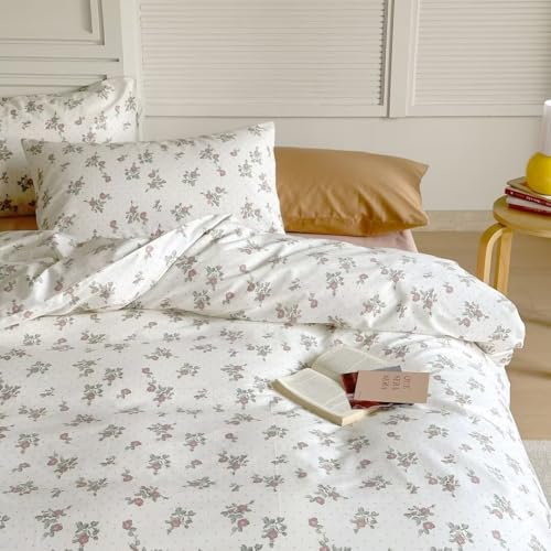 Image of MKXI Garden Floral Duvet Cover Peach Blossom Aesthetic Bedding White Print Duvet Cover Pink Floral Queen Size Cottagecore Soft Bedding 100% Cotton