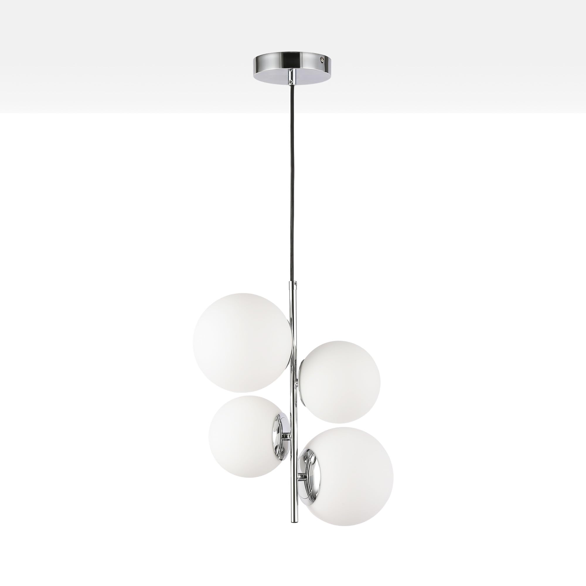 Lampada a sospensione da soffitto TANNA a 4 sfere, lampada moderna in vetro opalino e alluminio, attacco E27, Ø 15cm, altezza regolabile, per soggiorno, sala, cucina o camera da letto