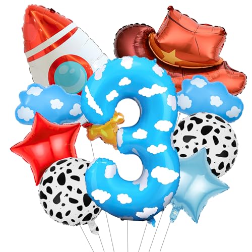 Toy Themed Decorations 9pcs Cow Print Sky Blue Cloud Balloons with Rocket Balloon and Cowboy Hat Balloon for Kids Inspired Story 3rd Birthday Party Decorations (3rd)