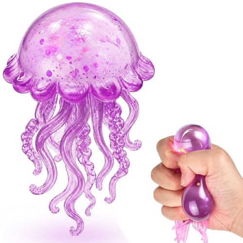 Jellyfish Stress Balls Squishys Fidget Toys for Adults Soft Slow Rising Glitter Jellyfish Squeeze Sensory Stress Toys for Autism Anxiety Relief Office School & Travel