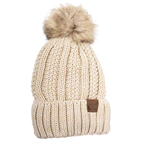 C.C Thick Cable Knit Faux Fuzzy Fur Pom Fleece Lined Skull Cap Cuff Beanie Beige/Ivory
