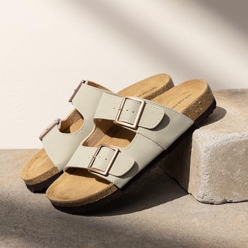 DREAM PAIRS Womens Slide Sandals Cork Footbed Open Toe Adjustable Flat Sandals Comfort Slip On Slippers for Summer2