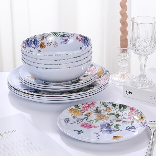 12 Piece Melamine Dinnerware Sets - Plates And Bowls Sets Floral Dinnerware Sets- Spring Camping Dishs Indoor Outdoor Use,Flowers And Butterflies Pattern - Image 6