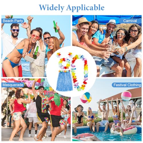 Aomig Hawaii Mottoparty Kostüme Set Rock, Hawaiian Gras Hula Rock Sets, 60cm Lange Hawaiianischer Grasrock mit Halskette Armbänder Haarblume Grasröcke für Cheerleading Strand Party Ostern (Blau)