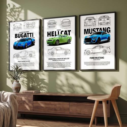 Image of walllane Big Bugatti Chiron, Dodge Hellcat, Ford Mustang Cars Framed Posters Gift Items for Boys Room Wall Decoration Bedroom Living Room Office Studio Decor | Car Poster Frame for Wall Decor Set Of 3 Size(10x13 inch), Framed)