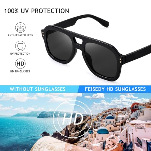 Image of FEISEDY Vintage Aviator Sunglasses Double Bridge Women Men Large Square Thick Frame Trendy Eyewear UV400 B2846