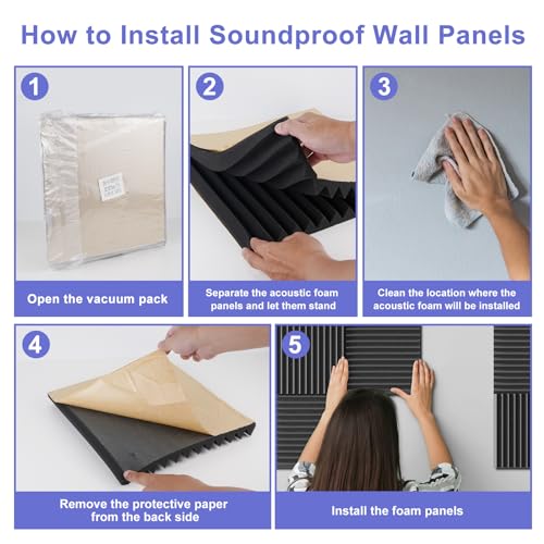 12 Pack Self-Adhesive Acoustic Panels,12\" X 12\" X 1\" Sound Proof Foam Panels,30 kg/m³ High Density Sound Absorbing Panels,Fire Resistant Soundproof Wedges Panels for Studio Recording & Office & Home