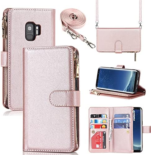 SailorTech Samsung Galaxy S9 Wallet Phone Case 9 Card Holder 1 Zipper Coin Wallet 2 Cash Slot Lanyard Flip Leather Cover Pink