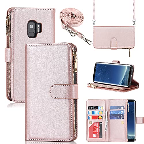 Sailortech Samsung Galaxy S9 Wallet Phone Case 9 Card Holder 1 Zipper Coin Wallet 2 Cash Slot Lanyard Flip Leather Cover Pink #TOP6