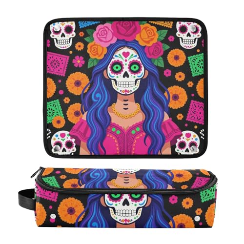 Estuche de viaje 2 en 1 para rizador con tapete resistente al calor para planchas y secador de pelo organizador de viaje La Catrina Día de los Muertos mexicano para mujeres miniatura 3