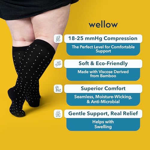 Image of Wide Calf Compression Socks for Men & Women, 18-25 mmHg Made with Viscose from Bamboo, Nurses & Pregnancy Support, Relieves Swelling, Knee High, XL, Black - Dots