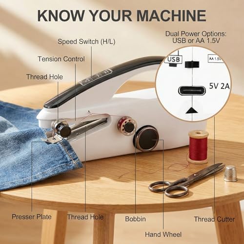 Image of Portable Mini Sewing Machine for Beginners， Portable Handheld Sewing Machine with Dual Speed & Power Modes - Quick Stitch for Home Travel DIY Repairs， Easy to use