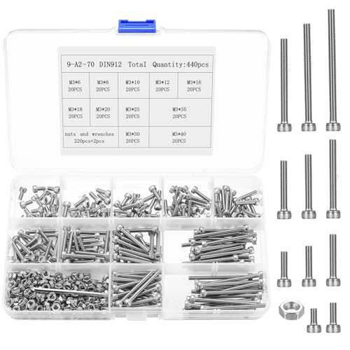 Juego de 440 tornillos M3, tornillos cilíndricos, juego de tuercas, tornillos de acero inoxidable con hexágono interior con tuercas, juegos de tornillos roscados, surtido de tornillos de máquina, con
