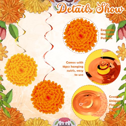 Image of 36 Pcs Marigold Flower Diwali Decorations Day of The Dead Dia De Los Muertos Marigold Flower Decorations Hanging Streams Swirls for Home Pooja Indian Varalakshmi Altar Ofrenda Decor