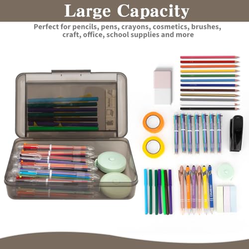 Image of Pencil Case Box, Black Double Layer Large Capacity Plastic Pencil Boxs, Clear Hard Pen Case with Snap-tight Lid,Storage Art Craft Box Marker Organizer for Kids Boys Girls Offices School Supplies