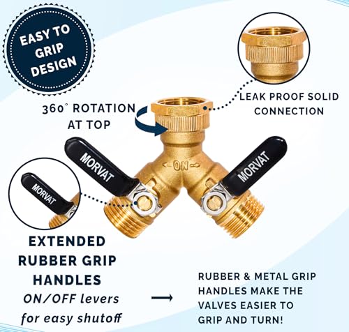 Morvat Brass 2-Way Y Splitter LEAD-FREE, Heavy-Duty Garden Hose Connector with Extra Long Butterfly Comfort Grip ON/OFF Valves, Adapter for Water Faucet & Spigot, Extra 5 Washers, Teflon Tape (1-Pack)