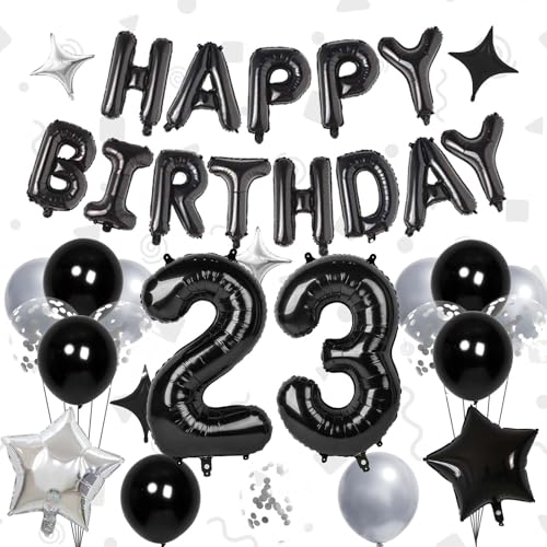32 Inch 23 Balloon Numbers Happy Birthday Balloons Banner 16 Inch Foil Letters Balloon Silver and Black Star Balloons for 23th Birthday Decorations for Boys Black Party Decorations