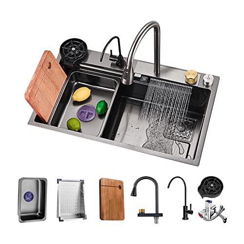 NOYHHAV Lavabo sobre encimera con Grifos negro cocina fregadero Fregaderos talla grande Fregaderos de un seno para Accesorios (68 * 45 * 23CM, Negro)