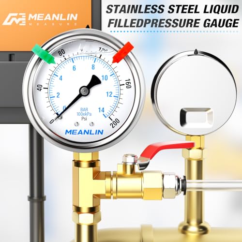 Image of MEANLIN MEASURE 0~200Psi Glycerin Filled Pressure Gauge 1 /4 inch NPT 2.5 inch FACE DIAL Stainless Steel Liquid Filled Pressure Gauge WOG Water Oil Gas Lower Mount
