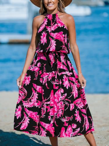 Image of CUPSHE Women's Midi Dress Halter Floral Sleeveless Belted Ruffled A Line Casual Summer Dress