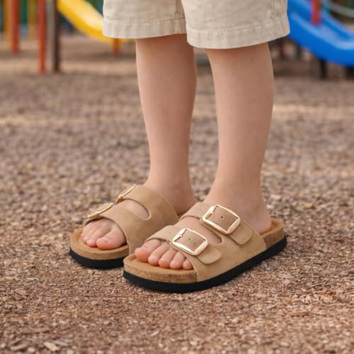 Image of Project Cloud Kids Sandals 100% Genuine Leather - Natural Cork Footbed Non-Slip Slides for Kids - Lightweight Boys & Girls Sandals - Water-Resistant Girls & Boys Sandals