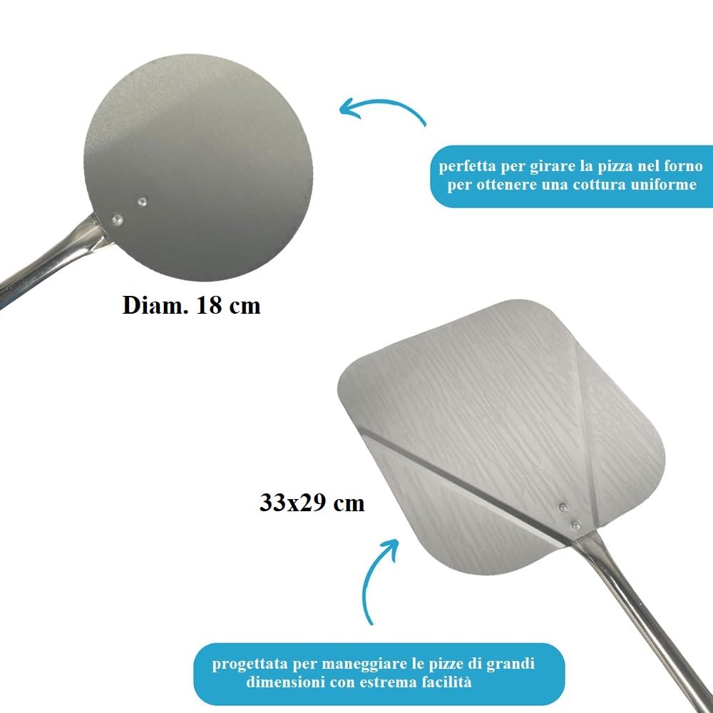 Paluplus Set 4 Pale Pizza in Alluminio Con Manici in Legno di Faggio, Lunghezza 120 cm - Kit Con Pala Rettangolare, Rotonda, Spazzola per Forno e Spargi Brace - Made in Italy