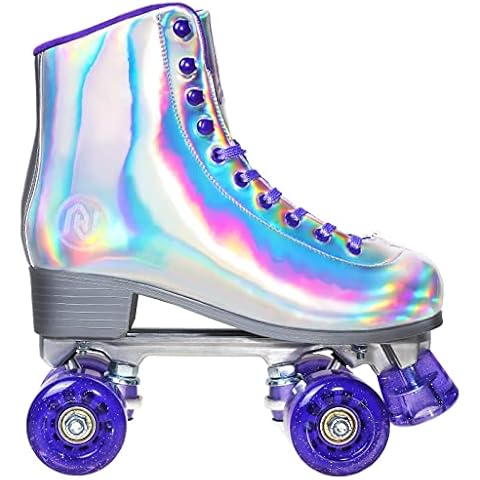 JAJAHOHO Rollschuhe für Damen, holografische High Top PU Leder Rollschuhe, lila glänzende doppelreihige vier Räder Quad Skates, Alter 8-50 Jahre Indoor Outdoor, Aluminium Trucks Grundplatte, Größe 8 Cover