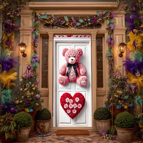Image of Pink Rose Teddy Bear Love Heart Door Cover 35x70in Romantic