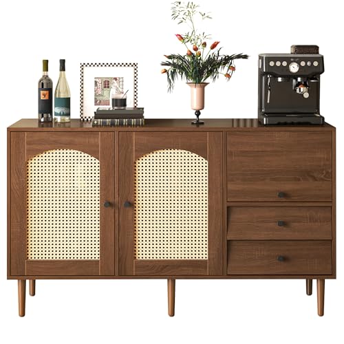 KecDuey Credenza con ante in rattan animitat, cassetti, mensole regolabili, gambe in legno massello, armadi portaoggetti personalizzabili (130 x 75,5 x 40 cm)
