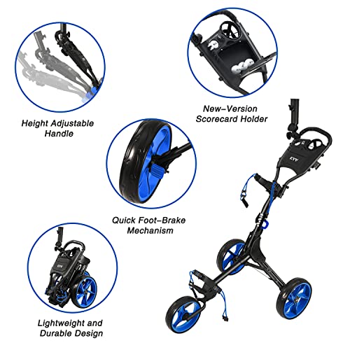 Image of KVV 3 Wheel Golf Push Cart Ultra Lightweight Smallest Folding Size, New-Version Scorecard Holder