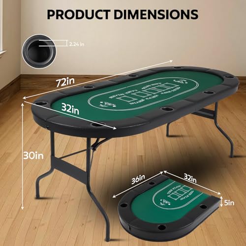 FAHKNS 8 Player Poker Table Foldable, 72 Inch Texas Holdem Casino Table with Padded Rails and 8 Cup Holders, Portable Folding Game Table for Texas Holdem Blackjack Board Games