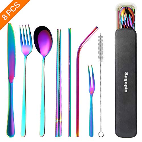 SAYOPIN Stainless Steel Travel Flatware Sets of 8 Portable Camping Cutlery Set, Healthy