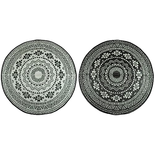 Esschert Design Runder Gartenteppich für Terrasse, Ø 180 cm groß, wasserfest, schwarz-weiß, Schuh-/Fußabstreifer, Tür Vorleger