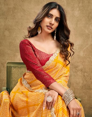 Image of SIRIL Women's Chiffon Bandhani Printed Saree With Unstitched Blouse Piece