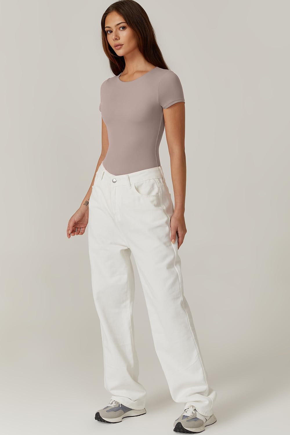 QINSEN Women's Crew Neck Short Sleeve Bodysuit Double Lined Body Suits Basic T-shirt Tops - Image 4