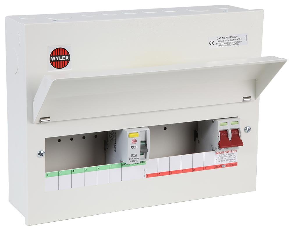 WYLEX GB6:NMRS6606 6/6 Split Load Metal Consumer Unit, 80A 30mA RCD