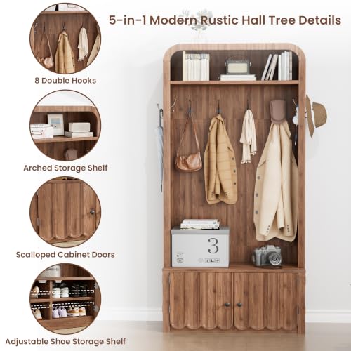 Narrow-Hall-Tree-with-Bench-and-Shoe-Storage-Arched-Entryway-Coat-Rack-with-Adjustable-Shoe-Cabinet8-Hooks-Modern-Rustic-Mudroom-Storage-Organizer-with-Scalloped-Wave-Fluted-Doors-Walnut