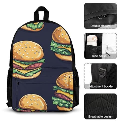 Beef Cheeseburger Hamburger Backpack 3 Set with Lunch Bag Insulated Shoulder Meal Tote Bags Pencil Case Box Casual Daypack3