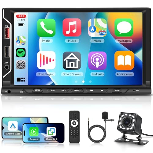 2 DIN Radio de Coche con Wireless Carplay Android Auto Manos Libres Bluetooth Rimoody 7 Pulgadas Pantalla Táctil 2 DIN con Bluetooth Mirror Link FM Radio USB/TF/AUX Control del Volante Cámara Trasera