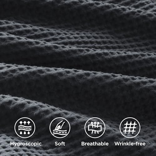 Image of Bedsure Cotton Waffle Duvet Cover with Fitted Sheet, King, Charcoal Black | Waffle Texture, Breathable, Skin-Friendly, OEKO-TEX Certified, Good Housekeeping Seal, All-Season, Machine Washable