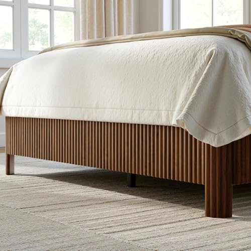 Image of Evermagin Walnut Queen Bed Frame with Headboard, Mid Century Modern Fluted Platform Bed, Boho Wooden Bed Base No Box Spring Needed, Wavy Grooved Panel
