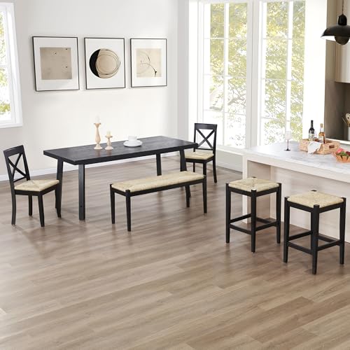 DUHOME Butacos sin respaldo de 26 pulgadas, juego de 4 unidades, tejidos a mano con fibras naturales y patas de madera negra, butacos de mimbre trenzado para isla de cocina, comedor, color negro miniatura 7