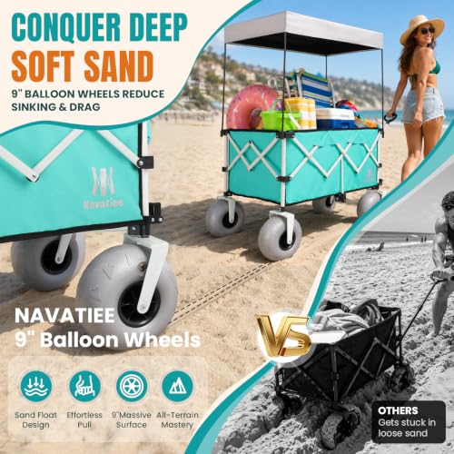 Image of Navatiee Beach Wagon with Big Balloon Wheels for Sand, 200L Extra Large Beach Cart with Canopy, 440Lbs Heavy Duty Folding Wagon Collapsible with 9 inch Tires & Side Pocket for Beach, Outdoor, Light Blue