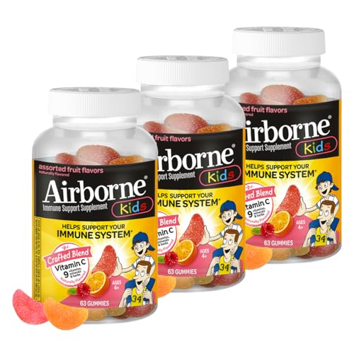 Image of Airborne 500mg Vitamin C + Zinc Immune Support Supplement Gummies for Kids, Assorted Fruit Flavor, Gluten Free Crafted Blend with Powerful Antioxidants Vitamins C & E, 63 Gummies (3 Pack)
