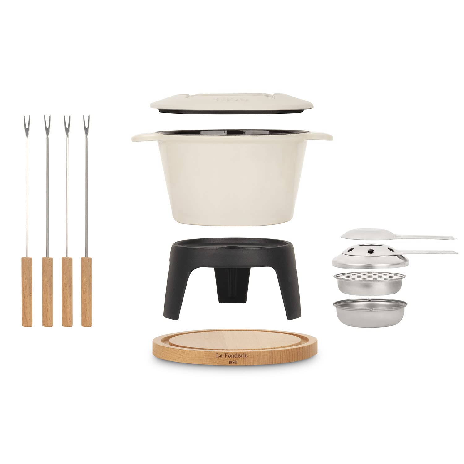 Set per fonduta in ghisa per 4 Persone Mont Joly, per fondute di Formaggio e Cioccolato, Coperchio antischizzi, 4 forchette con Manici in Legno di faggio, capacità 1,2 L, Beige