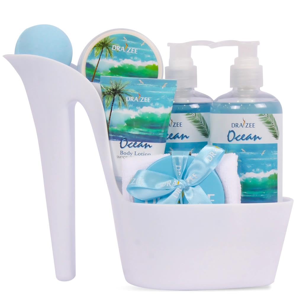 Luxurious Spa Gift Basket - Clean Ocean Scented Heel Shoe Bath Essentials Gift Set w/Shower Gel, Bubble Bath, Body Butter, Body Lotion, Soft EVA Bath Puff Mother's Day Gifts For Women By Draizee